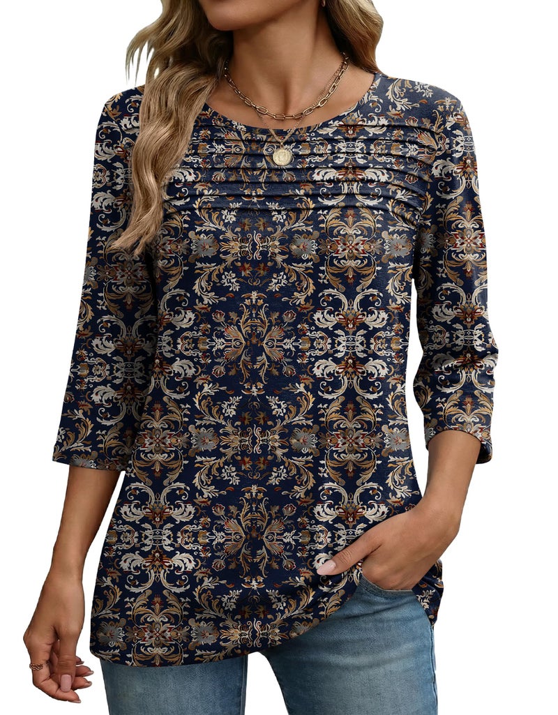 Zeagoo 3/4 Length Sleeve Womens Spring Blouses Trendy Casual Summer Tops Loose Fit Dressy Pleated Boho Tunic Shirts - Image 1