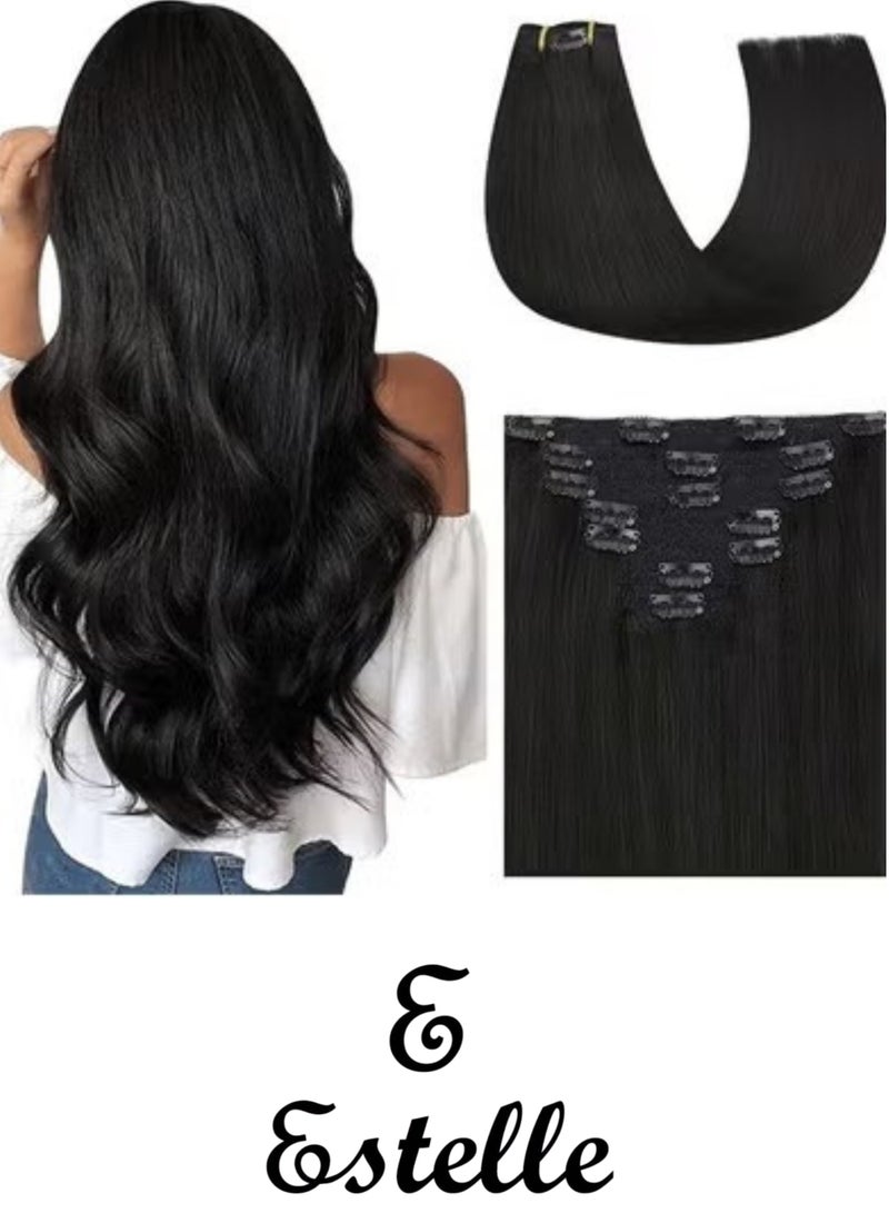 Estelle Human Hair Clip in Extension Black Straight Clip On Remy Hair Extensions Natural Hair Extensions For Woman Lady Girl 7pcs/set - Image 1