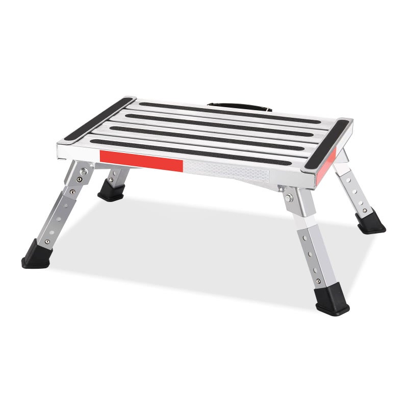 Safety RV Steps Yagud Height Adjustable Folding Platform Step with 17 X 12 AntiSlip Surface Rubber Feet Handle Reflective Strips and T Level Aluminum RV Step Stool Supports Up to 1000lbs
