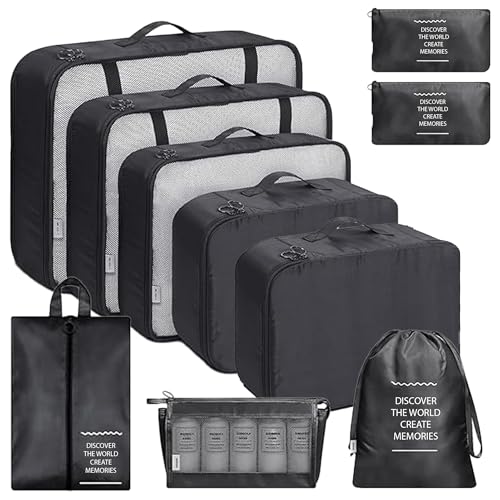 POPCUBE Polyester 10 Pcs Travel Organizer Pouch Packing Cubes for Clothes Space Savers Bags Cosmetics/Underwear/Socks/Shoes Toiletry Bag Laundry Organiser, Black - Image 1