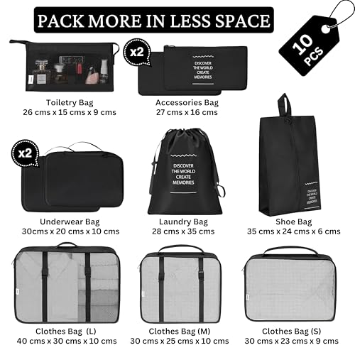 POPCUBE Polyester 10 Pcs Travel Organizer Pouch Packing Cubes for Clothes Space Savers Bags Cosmetics/Underwear/Socks/Shoes Toiletry Bag Laundry Organiser, Black - Image 2