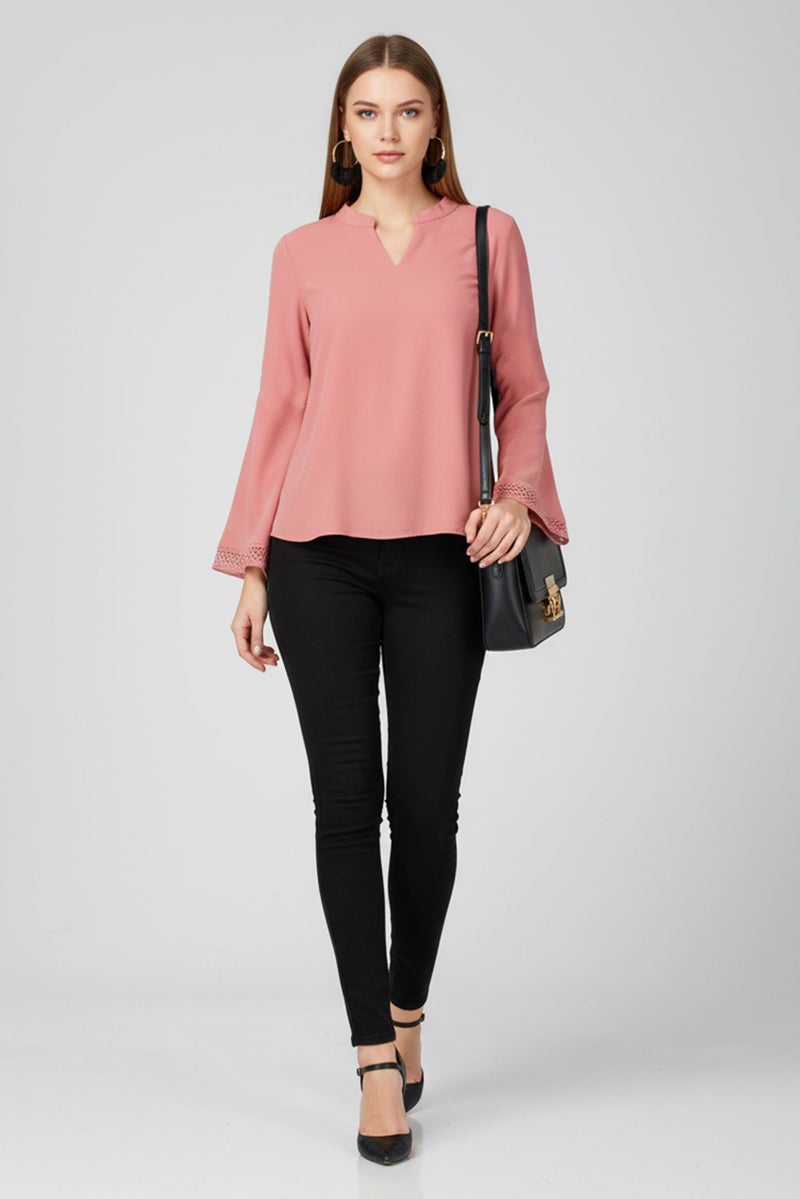 bebe Women V-Neck Plain Long Sleeve Blouse, Old Rose - Image 2