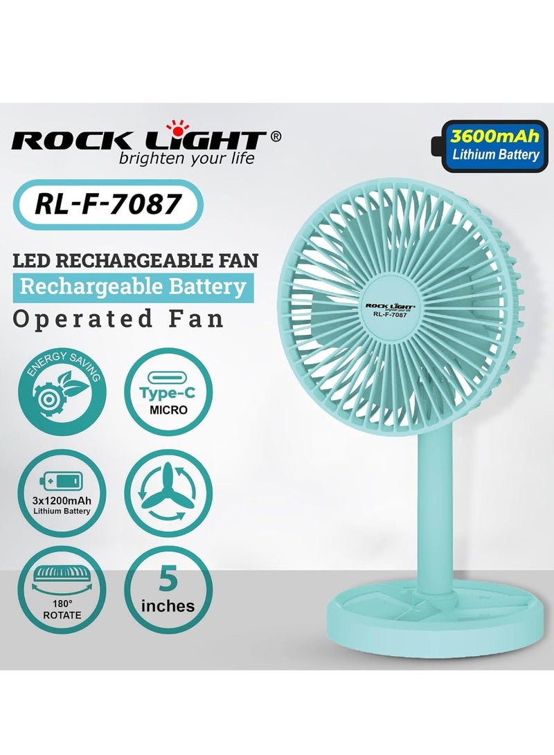 Rock Light RL-F-7087 5 Inches LED Rechargeable Fan with Type-C/Micro Charging, 3 X 1200 Mah Battery, 180° Rotation - Image 2