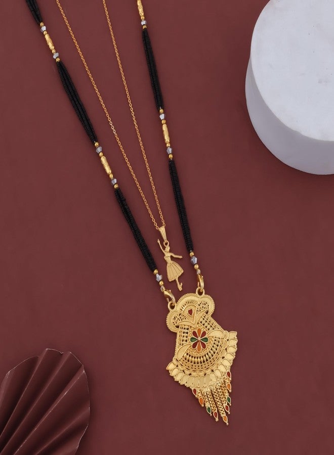 MALKYN Women's Gold Plated Peacock Motif Mangalsutra and Ballerina Pendant Layered Necklace Set, Traditional Indian Black Beaded Jewelry for Wedding and Festive Outfit-MD-048 - Image 2