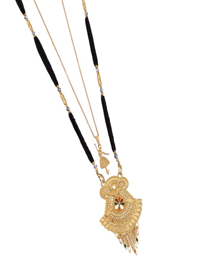 MALKYN Women's Gold Plated Peacock Motif Mangalsutra and Ballerina Pendant Layered Necklace Set, Traditional Indian Black Beaded Jewelry for Wedding and Festive Outfit-MD-048 - Image 1