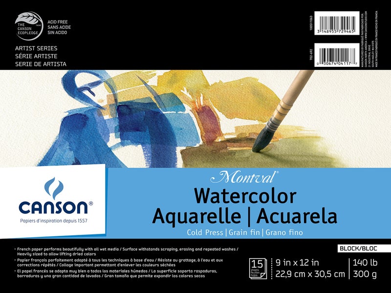 Canson Artist Series Montval Watercolor Paper Fold Over Block 9x12 inches 15 Sheets 140lb300g Artist Paper for Adults and Students Watercolors Mixed Media Markers and Art Journaling