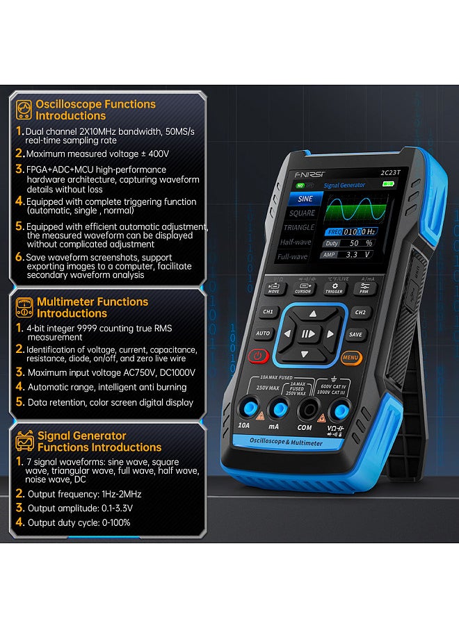 FNIRSI 3in1 Oscilloscope Multimeter Signal Generator Machine 2.8inch IPS Display Oscope Meter Handheld Oscilloscope 10Mhz Bandwidth 50MSa/s Sampling Rate Dual Channel Oscillometer  - Image 4