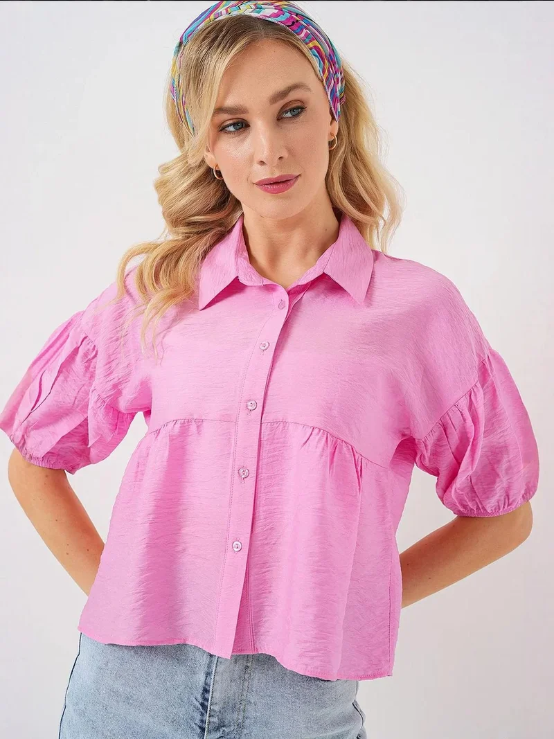 بيغ دارت قميص بأزرار بقصة واسعة وقصة قصيرة وياقة قميص