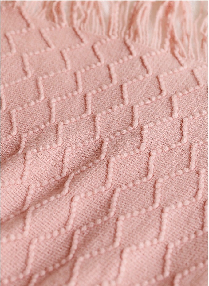 Loquat Solid Color Tassel Design Knitted Soft Throw Blanket Pink - Image 2