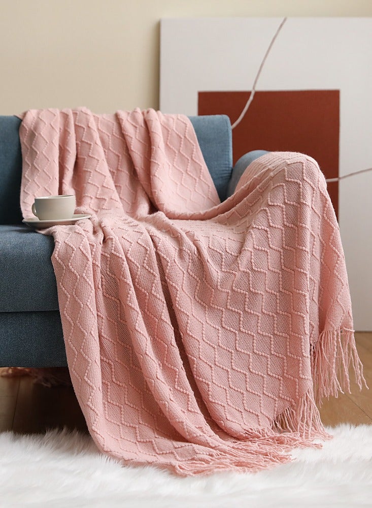 Loquat Solid Color Tassel Design Knitted Soft Throw Blanket Pink - Image 1
