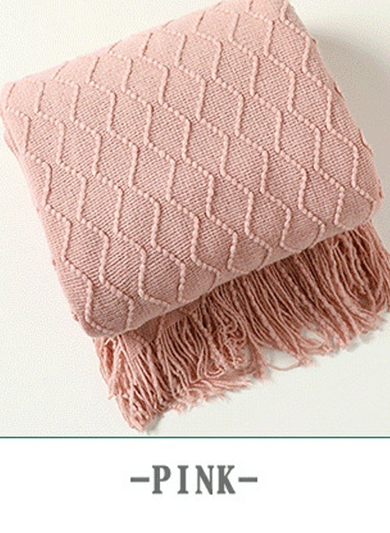 Loquat Solid Color Tassel Design Knitted Soft Throw Blanket Pink - Image 3