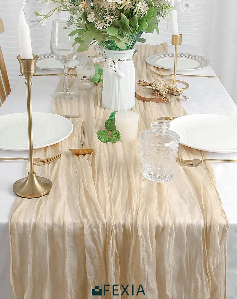 FEXIA Beige Cheesecloth Table Runner 35x120 Inches Ivory Gauze Rustic Boho Spring Easter Table Runner for Engagement Party Decorations Bridal Shower Wedding Party First Communion Centerpiece - Image 5