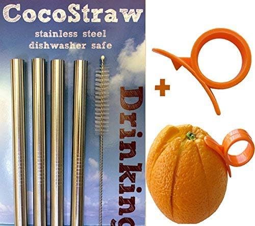 CocoStraw 4 Stainless Steel Wide Smoothie Straws + Cleaning Brush + Citrus Peeler - CocoStraw Large Straight Frozen Drink Straw - Image 4