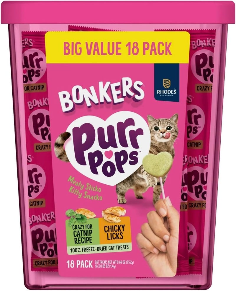 بونكرز حلوى القطط المجففة بالتجميد Bonkers Purrpops، بنكهة نبات القط والدجاج، عبوة اقتصادية تحتوي على 18 قطعة - Image 1