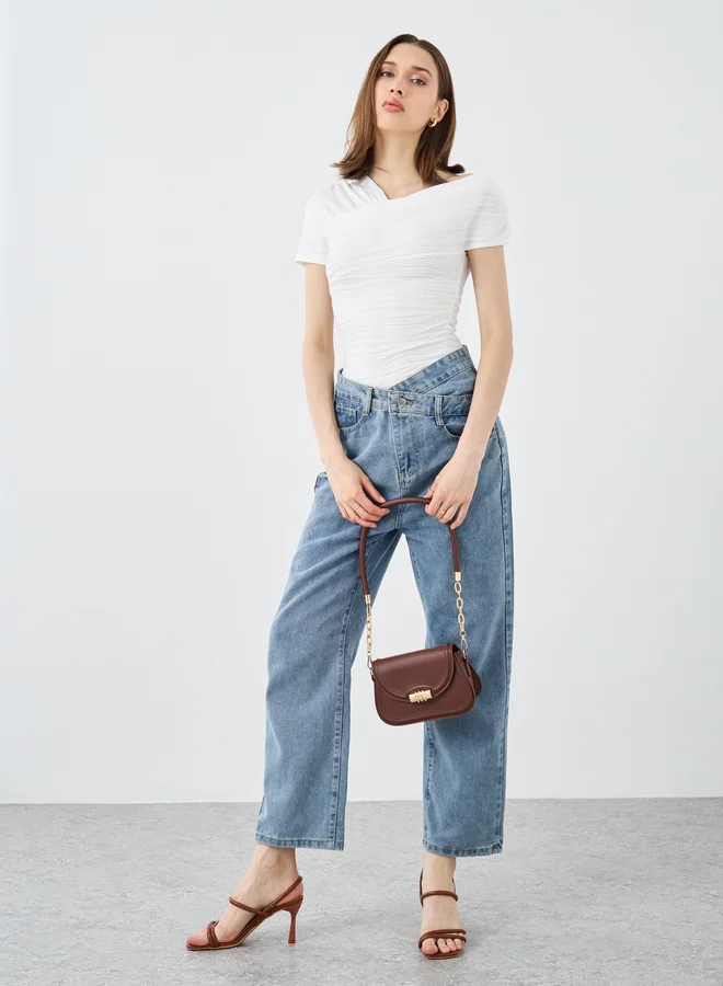 تايك تو Take Two Textured Asymmetric Neck Off Knit Top