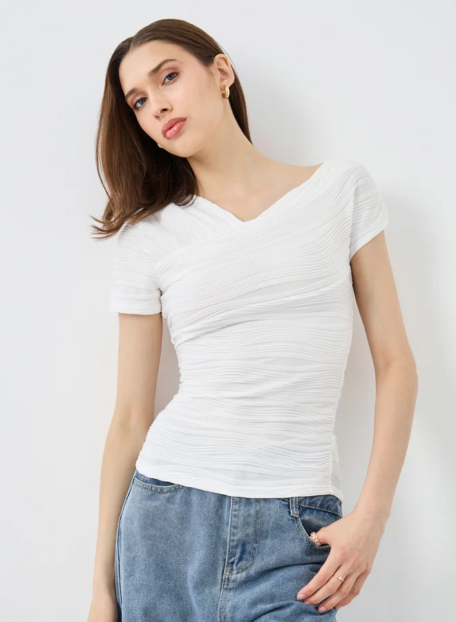 تايك تو Take Two Textured Asymmetric Neck Off Knit Top
