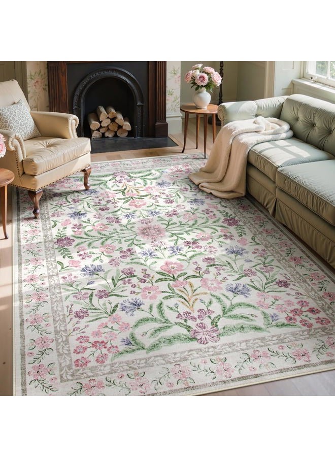 Wonnitar Floral Purple Rug for Bedroom, Washable 5x7 Area Rugs for Dorm, Boho Soft Non Slip Ultra-Thin Indoor Floor Carpet for Kids Room Nursery Living Room Classroom, Light Purple/Pink - Image 1
