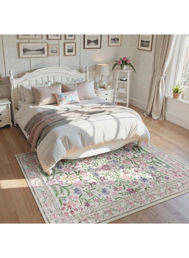 Wonnitar Floral Purple Rug for Bedroom, Washable 5x7 Area Rugs for Dorm, Boho Soft Non Slip Ultra-Thin Indoor Floor Carpet for Kids Room Nursery Living Room Classroom, Light Purple/Pink - Image 3