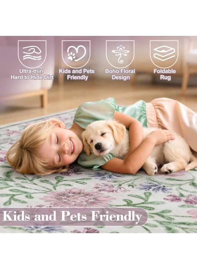 Wonnitar Floral Purple Rug for Bedroom, Washable 5x7 Area Rugs for Dorm, Boho Soft Non Slip Ultra-Thin Indoor Floor Carpet for Kids Room Nursery Living Room Classroom, Light Purple/Pink - Image 5