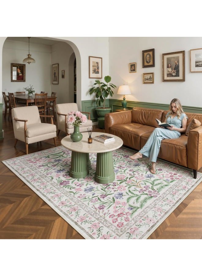 Wonnitar Floral Purple Rug for Bedroom, Washable 5x7 Area Rugs for Dorm, Boho Soft Non Slip Ultra-Thin Indoor Floor Carpet for Kids Room Nursery Living Room Classroom, Light Purple/Pink - Image 2