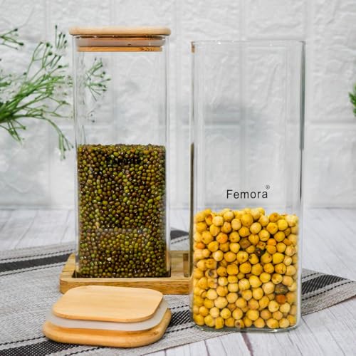 Femora Kitchen Storage Jars Borosilicate Glass Jar with Wooden Lid Air Tight Jar, 1000 ML, Pack of 2,Transparent - Image 1