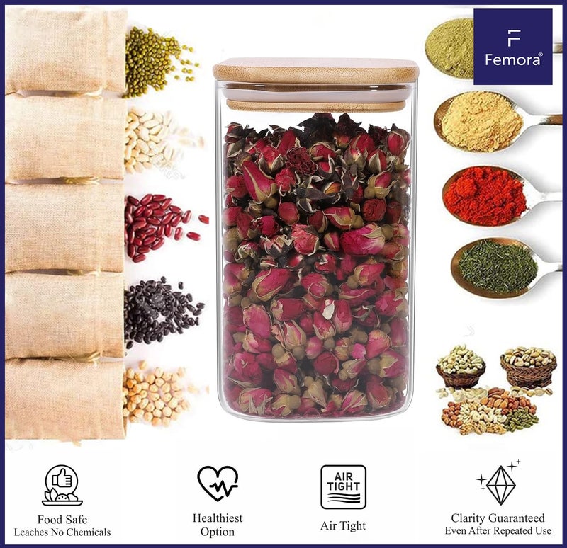 Femora Kitchen Storage Jars Borosilicate Glass Jar with Wooden Lid Air Tight Jar, 1000 ML, Pack of 2,Transparent - Image 5