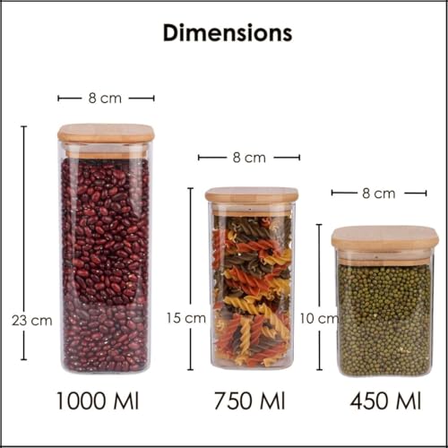 Femora Kitchen Storage Jars Borosilicate Glass Jar with Wooden Lid Air Tight Jar, 1000 ML, Pack of 2,Transparent - Image 2