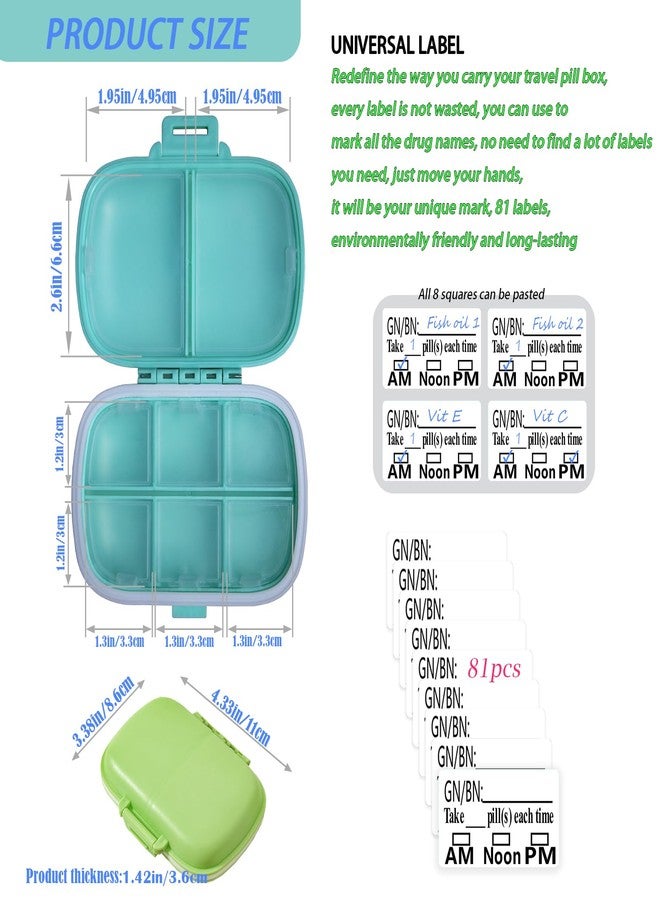 NCGDPZY 2-Pack 8-Compartment Travel Pill Organizer & Daily Pill Box | Leak-Proof Portable Medicine Container with 81 Replaceable Labels | Compact for Home, Office, Travel (Blue & Green) - Image 2