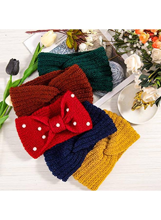 Whaline 5 Pieces Winter Knit Headbands Chunky Knit Headbands4 Elastic Turban Head Wraps And 1 Pearl Crochet Hair Band Ear Warmer Crochet Head Wraps For Women Girls (Bright & Dark Colors) - Image 4