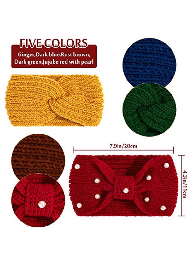 Whaline 5 Pieces Winter Knit Headbands Chunky Knit Headbands4 Elastic Turban Head Wraps And 1 Pearl Crochet Hair Band Ear Warmer Crochet Head Wraps For Women Girls (Bright & Dark Colors) - Image 3