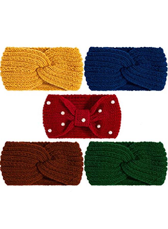 Whaline 5 Pieces Winter Knit Headbands Chunky Knit Headbands4 Elastic Turban Head Wraps And 1 Pearl Crochet Hair Band Ear Warmer Crochet Head Wraps For Women Girls (Bright & Dark Colors) - Image 2
