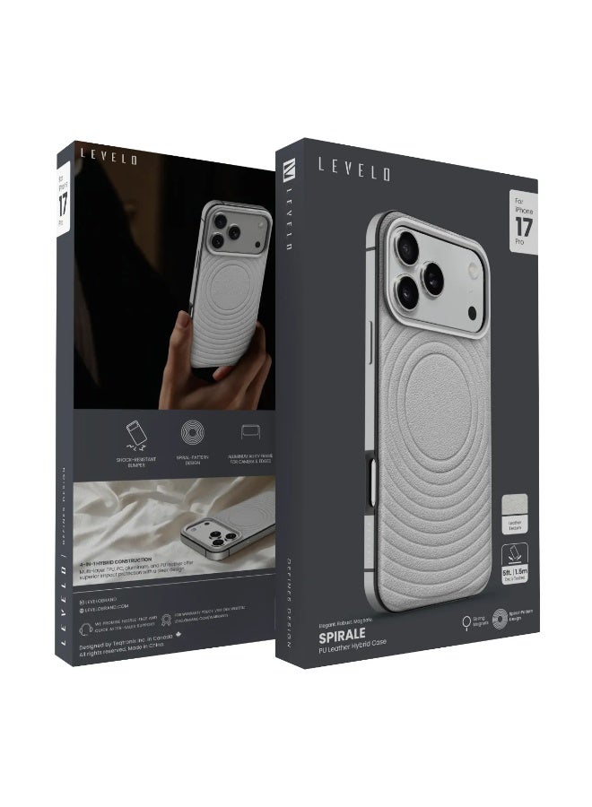 LEVELO iPhone 17 Pro Spirale Case / Strong Magnets / Leather Texture / Spiral-Pattern Design / Aluminum Alloy Frame for Camera & Edges - Silverstone - Image 3