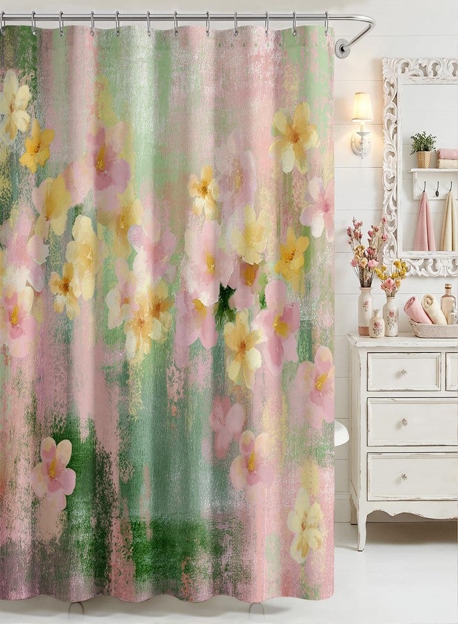 Mocsicka Pink Floral Shower Curtain for Bathroom Pink Green Boho Flowers Cottagecore Bath Curtain for Floral Bathroom Decor Waterproof Fabric Vintage Farmhouse Shower Curtain 72 X 72 Inch - Image 1