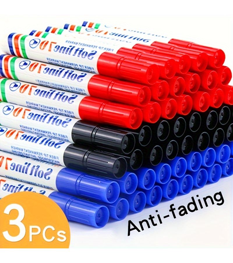 3 Pcs Black Waterproof Quick Dry Marker Pens Bold Tip For Office Carpentry Charting Logistics Red Blue Black - Image 1