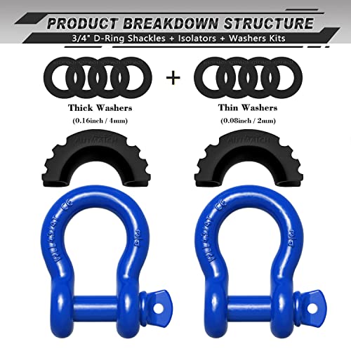 AUTMATCH D Ring Shackle 3/4" Shackles (2 Pack) 41,887Ibs Break Strength - Clevis Shackle with 7/8" Screw Pin and Shackle Isolator Washers Kit for Tow Strap Winch Off Road Vehicle Recovery, Blue - Image 2