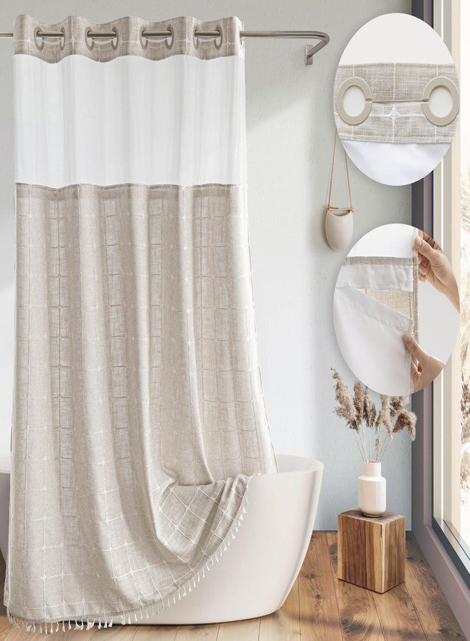 River Dream Farmhouse Linen Textured Shower Curtain with Snap-in Liner Set, No Hooks Needed, with Tassels for Rustic Bathroom Decor,with Window,with Magnets,Linen,71Wx74H - Image 1