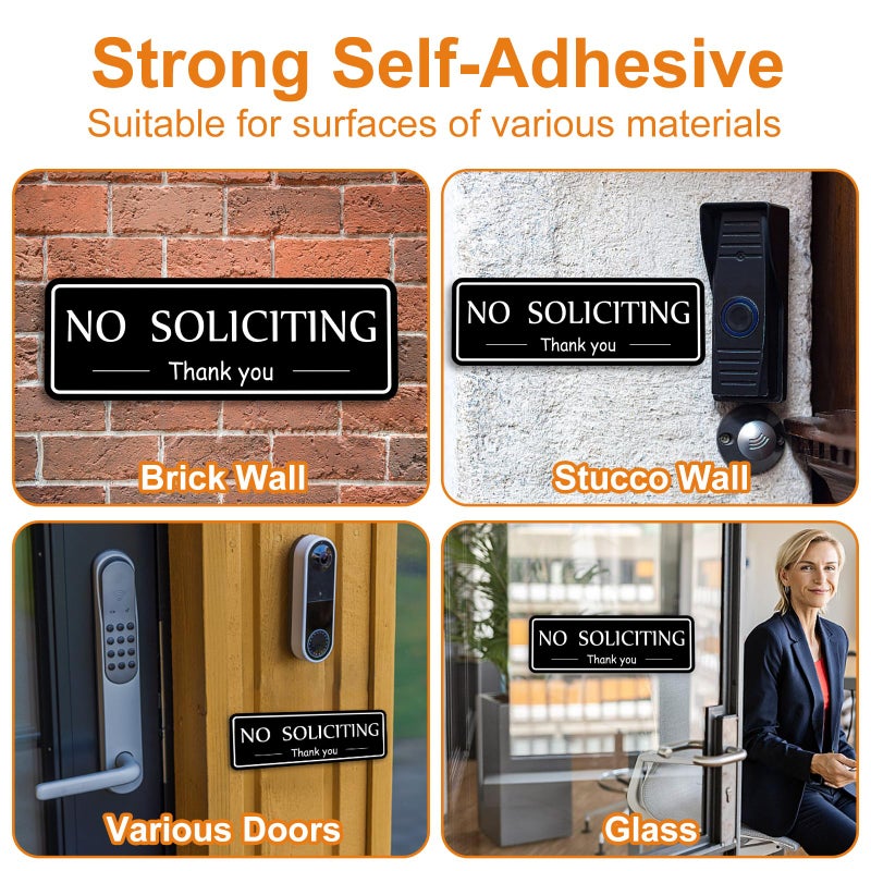 MOWPOG 2 Pack No Soliciting Sign for House, Strong Self-Adhesive No Solicitation Signs, 7.9"x2.8" Thick Acrylic, Weatherproof and Sturdy Sign for Front Door, Home, Office, Wall, Keep Solicitors Away - Image 3