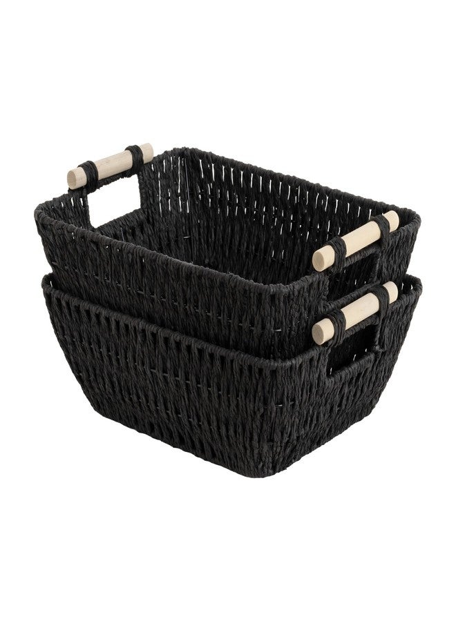 StorageWorks Large Wicker Storage Basket for Organizing with Wooden Handles, Toilet Paper Baskets for Shelf, Black, 2-Pack - Image 1
