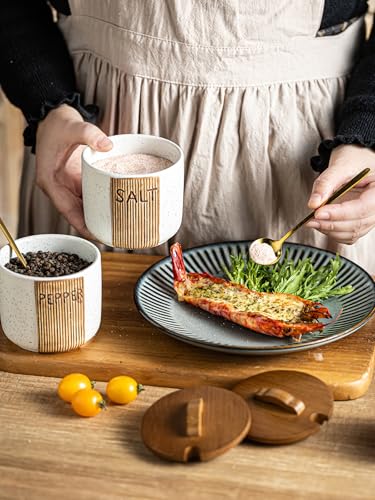 YHOJOY Salt and Pepper Bowl Ceramic, 10 Oz Salt and Pepper Cellar with Lid and Spoon, Farmhouse Salt Containers for Countertop, White - Image 5