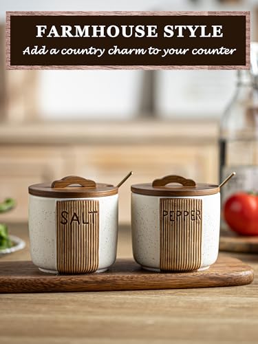 YHOJOY Salt and Pepper Bowl Ceramic, 10 Oz Salt and Pepper Cellar with Lid and Spoon, Farmhouse Salt Containers for Countertop, White - Image 3