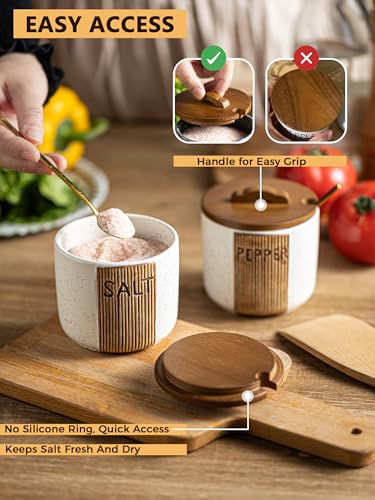 YHOJOY Salt and Pepper Bowl Ceramic, 10 Oz Salt and Pepper Cellar with Lid and Spoon, Farmhouse Salt Containers for Countertop, White - Image 4