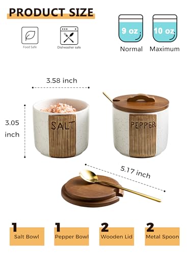 YHOJOY Salt and Pepper Bowl Ceramic, 10 Oz Salt and Pepper Cellar with Lid and Spoon, Farmhouse Salt Containers for Countertop, White - Image 2