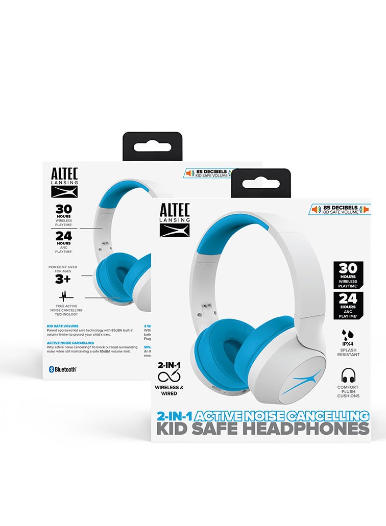Kid Safe Noise Cancelling Wireless Headphones 30 Hours Play Time, 85dB Volume Limit, Foldable Design, Powerful Sound, Active Noise Cancellation, Splash resistant IPX4, Blue