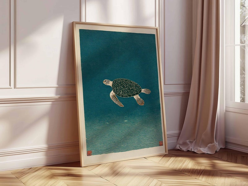 TNESSENTIAL Sea Turtle Poster, Japanese Minimalist Ocean Art Print, Retro Marine Wall Art, Mid Century Animal Decor, Coastal Vintage Poster Design - Image 2
