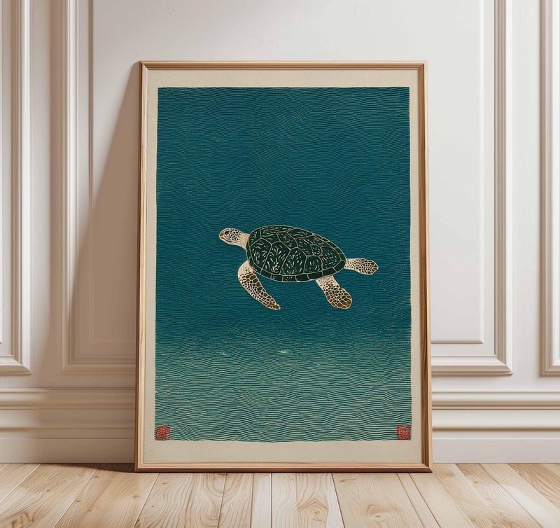 TNESSENTIAL Sea Turtle Poster, Japanese Minimalist Ocean Art Print, Retro Marine Wall Art, Mid Century Animal Decor, Coastal Vintage Poster Design - Image 1