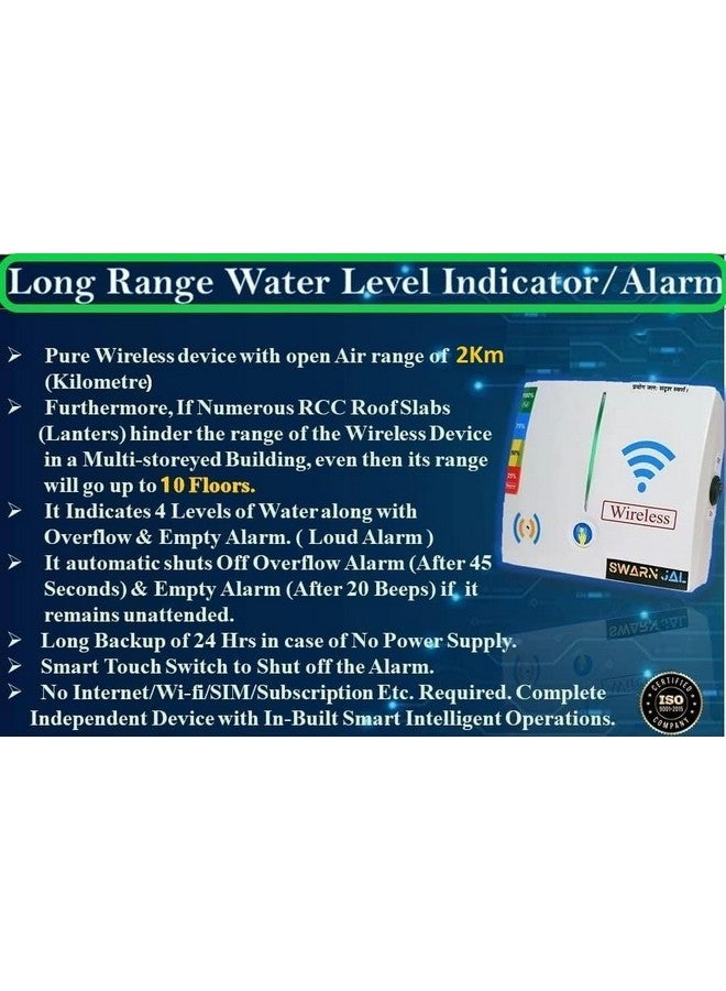 Swarn Jal (Model: WL-A-RA10F) Wireless Water Level Indicator with Overflow & Empty Alarm, 4 Levels, Long Range up to 10 Floors/ 2 km, Brass Sensors, (Patented Technology) - Image 3