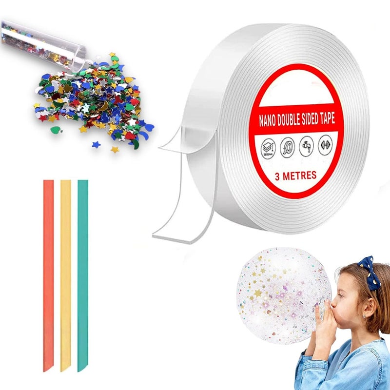 D-Fix Nano Tape with 1 Glitter Flakes 3 Straw for Balloon Double Sided Ivy Grip Tape for Walls Washable Reusable Strong Sticky Strips Multicolour Moon & Heart Art and Craft DIY -Small, 8 Cm - Image 1