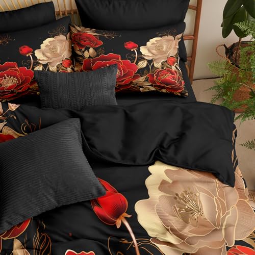 CCoutueChen Vintage Floral Comforter Set, Queen Size, Black Red - Image 5