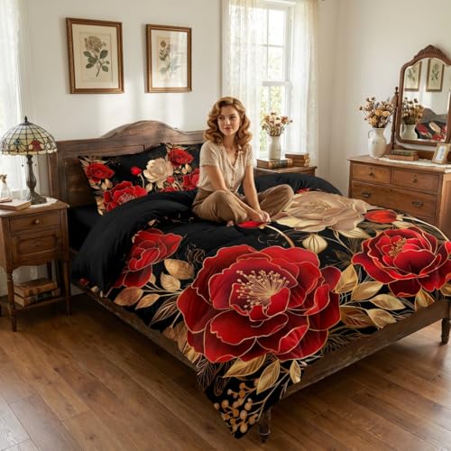 CCoutueChen Vintage Floral Comforter Set, Queen Size, Black Red - Image 4
