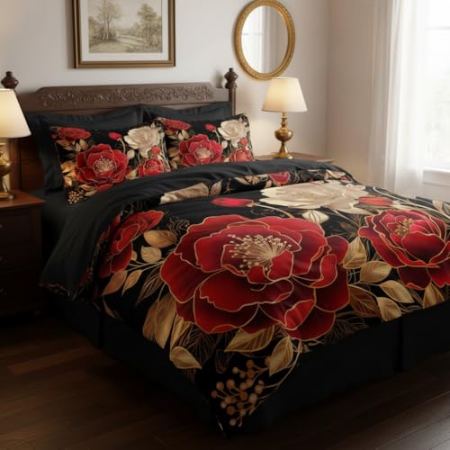 CCoutueChen Vintage Floral Comforter Set, Queen Size, Black Red - Image 3